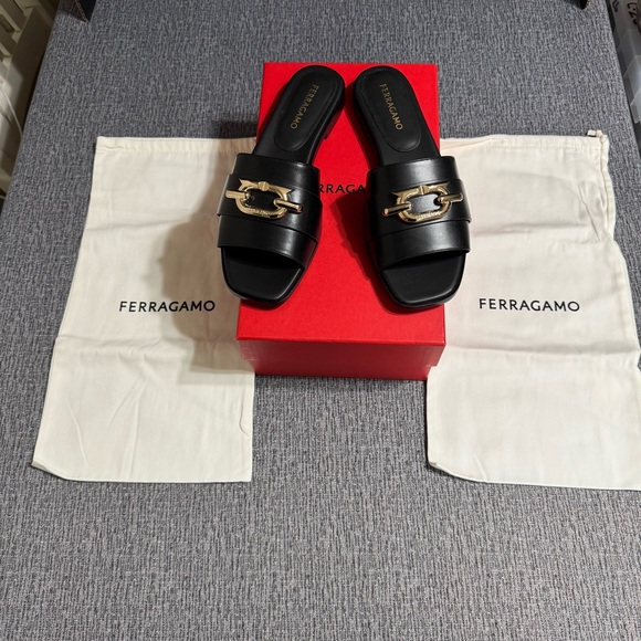Ferragamo Priscilla Slip On Open Toe Slide Sandal in Black - Picture 3 of 16